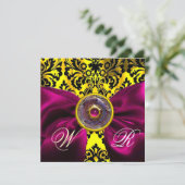 FUCHSIA RIBBON GOLD YELLOW BLACK DAMASK MONOGRAMM EINLADUNG (Stehend Vorderseite)