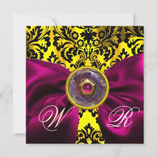 FUCHSIA RIBBON GOLD YELLOW BLACK DAMASK MONOGRAMM EINLADUNG (Vorderseite)
