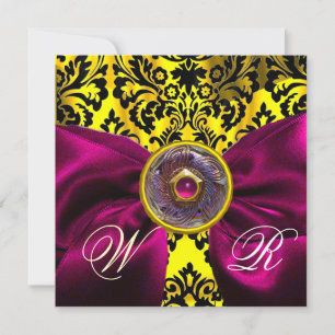 FUCHSIA RIBBON GOLD YELLOW BLACK DAMASK MONOGRAMM EINLADUNG