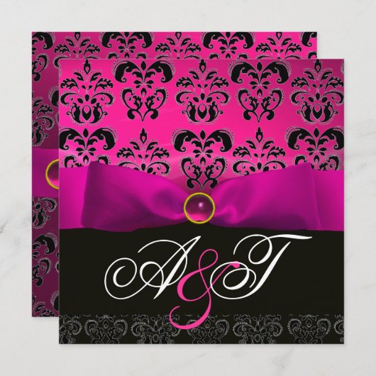 FUCHSIA RIBBON PINK LILA SCHWARZES DAMASK-MONOGRAM EINLADUNG (Vorne/Hinten)