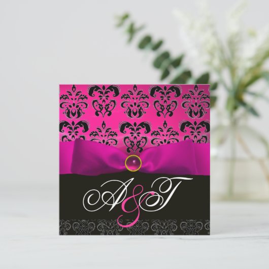 FUCHSIA RIBBON PINK LILA SCHWARZES DAMASK-MONOGRAM EINLADUNG (Stehend Vorderseite)