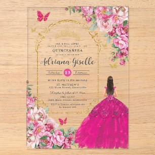 Fuchsia Rosa Blumen Gold Quinceañera Sweet 16 XV Acryleinladungen