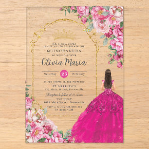 Fuchsia Rosa Blumen Gold Quinceañera Sweet 16 XV Acryleinladungen