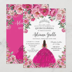 Fuchsia Rosa Blumen Silber Quinceanera XV Sweet 16 Einladung