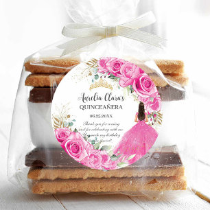 Fuchsia Rosa Blumenprinzessin Gold Quinceañera XV Runder Aufkleber