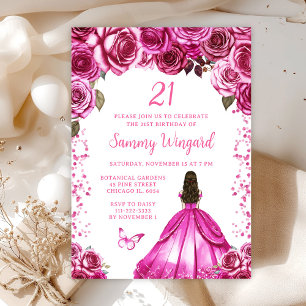 Fuchsia Rosa Braune Haar Prinzessin Geburtstagsfei Einladung