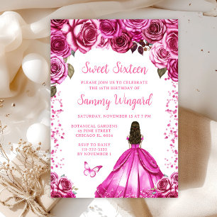 Fuchsia Rosa Braune Haar Prinzessin Sweet Sixteen Einladung