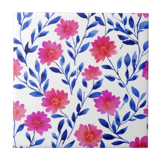 Fuchsia Rosa Chic Frühlingsblumen Aquarell Floral Fliese (Vorderseite)