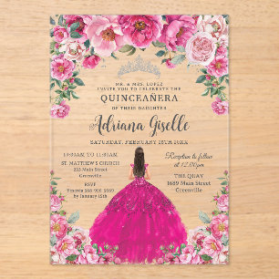 Fuchsia Rosa Florale Silber Quinceanera XV Geburts Acryleinladungen
