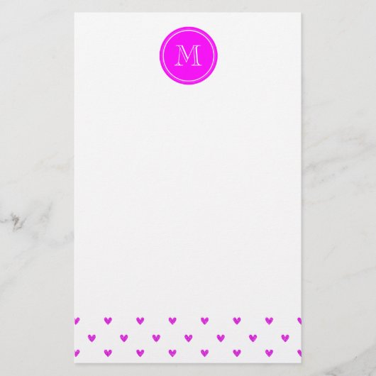 Fuchsia Rosa Glitzer Herzstück mit Monogramm Briefpapier (Vorderseite)