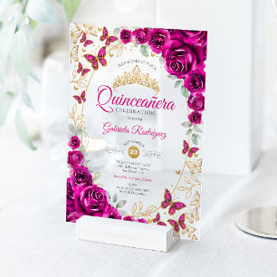 Fuchsia Rosa Gold Floral Quinceanera Acryleinladungen