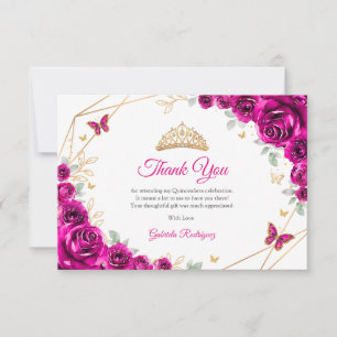 Fuchsia Rosa Gold Floral Quinceanera Dankeskarte