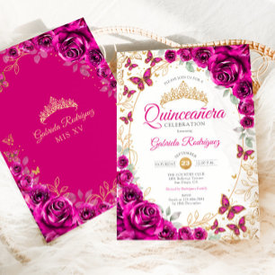 Fuchsia Rosa Gold Floral Quinceanera Einladung