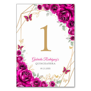 Fuchsia Rosa Gold Floral Quinceanera Tischnummer