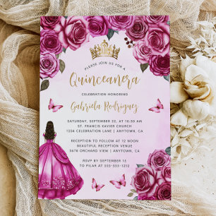 Fuchsia Rosa Gold Floral Wasserfarbe Quinceañera Einladung