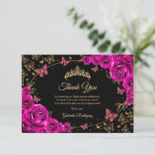 Fuchsia Rosa Gold Quinceanera Dankeskarte (Stehend Vorderseite)