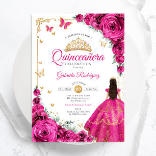Fuchsia Rosa Rosen Gold Quinceanera Elegant Chic Einladung