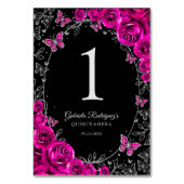 Fuchsia Rosa Schwarz Silber Quinceanera Tischnummer (Rückseite)