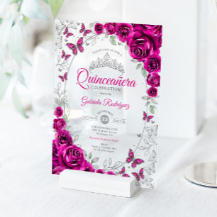 Fuchsia Rosa Silber Floral Quinceanera Acryleinladungen