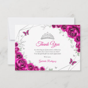 Fuchsia Rosa Silber Floral Quinceanera Dankeskarte