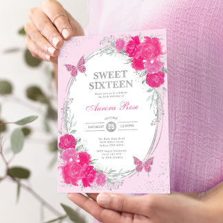 Fuchsia Rosa Silber Sweet Sixteen 16. Geburtstag Einladung