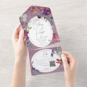 Fuchsia Rosa & Violette Boho Florale QR-Code All In One Einladung (Abreißen)