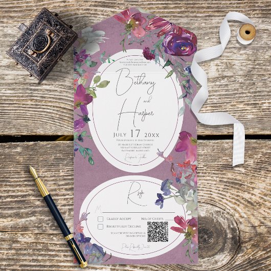 Fuchsia Rosa & Violette Boho Florale QR-Code All In One Einladung