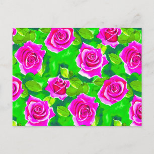 Fuchsia Rosa Wasserfarben-Rosenmuster Postkarte