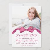 Fuchsia Rose Bow Foto Abschluss Save the Date (Vorderseite)