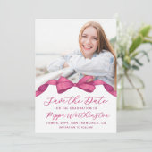 Fuchsia Rose Bow Foto Abschluss Save the Date (Stehend Vorderseite)