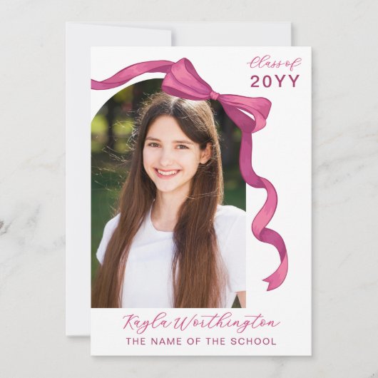 Fuchsia Rose Pink Bow Arch Foto Abschluss Einladung (Vorderseite)