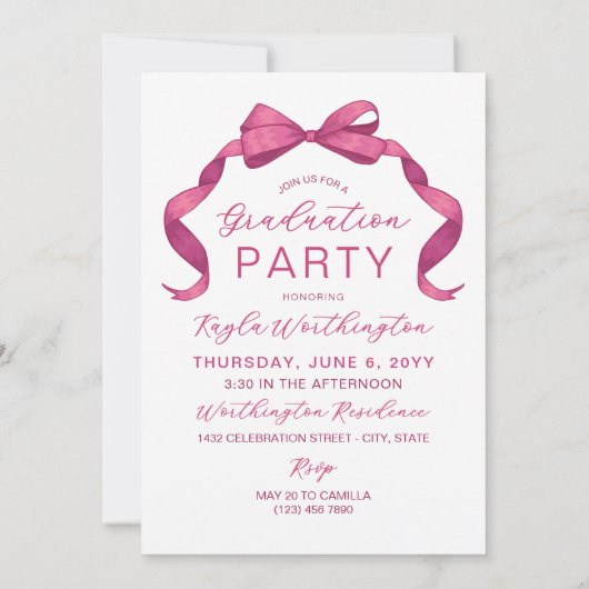 Fuchsia Rose Pink Bow Arch Foto Abschluss Einladung (Rückseite)