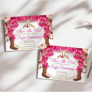 Fuchsia-Rosen und Cowboy-Stiefel Country Quinceañe Save The Date