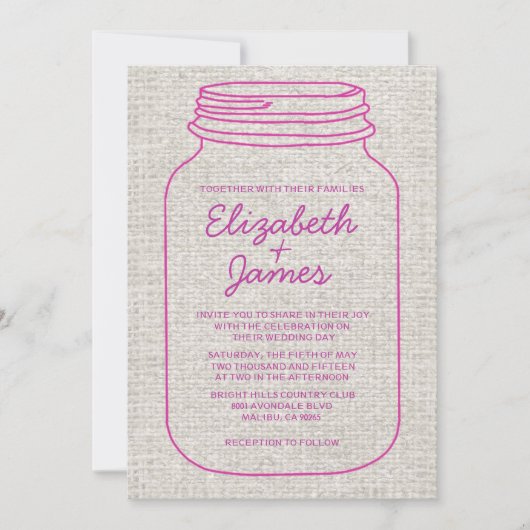 Fuchsia Rustic Burlap Mason Jar Hochzeit Einladung (Vorderseite)