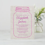 Fuchsia Rustic Burlap Mason Jar Hochzeit Einladung (Stehend Vorderseite)