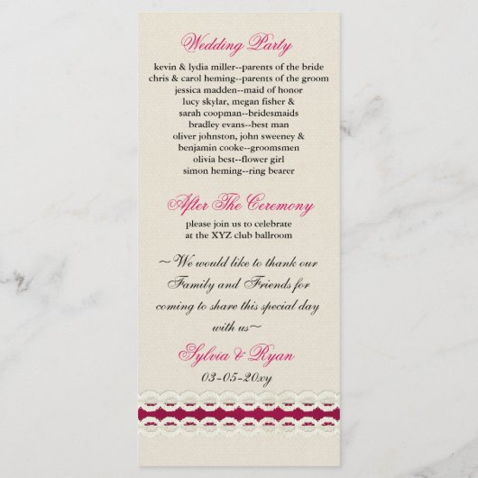 Fuchsia Rustikale Hochzeit Programm (Rückseite)