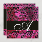 FUCHSIA SCHWARZE SILK DAMASK MONOGRAM , Goldmetall Einladung (Vorne/Hinten)