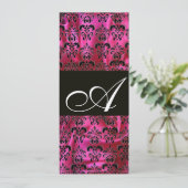 FUCHSIA SCHWARZE SILK DAMASK MONOGRAMM, Gold Einladung (Stehend Vorderseite)