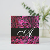 FUCHSIA SCHWARZE SILK DAMASK MONOGRAMM, Weißes Eis Einladung (Stehend Vorderseite)