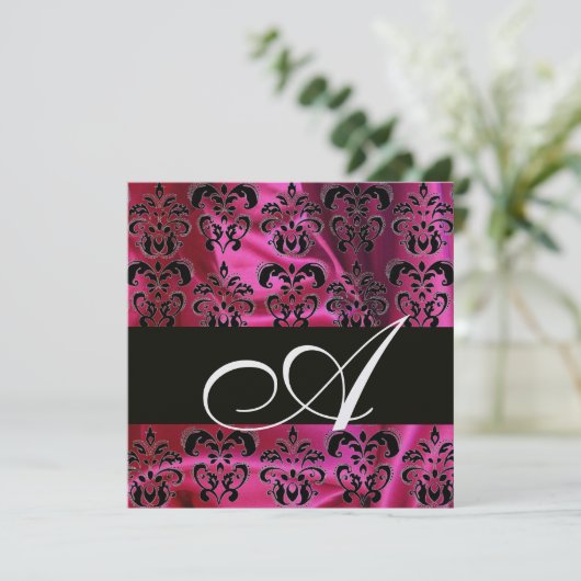 FUCHSIA SCHWARZE SILK DAMASK MONOGRAMM, Weißes Eis Einladung (Stehend Vorderseite)