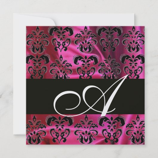 FUCHSIA SCHWARZE SILK DAMASK MONOGRAMM, Weißes Eis Einladung (Vorderseite)
