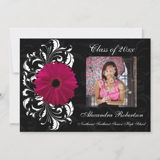 Fuchsia Scroll Gerbera Daisy Abschluss Einladung (Vorderseite)