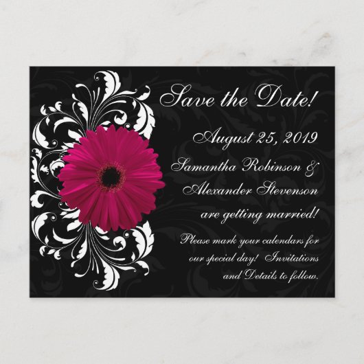 Fuchsia Scroll Gerbera Daisy Black Save the Date Ankündigungspostkarte (Vorderseite)