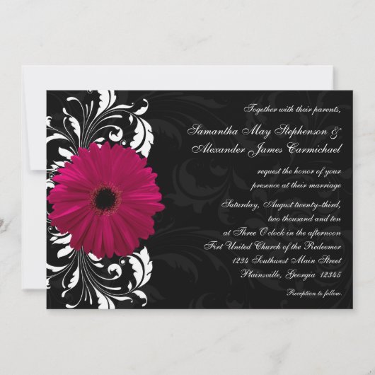 Fuchsia Scroll Gerbera Daisy w/Black and White Einladung (Vorderseite)
