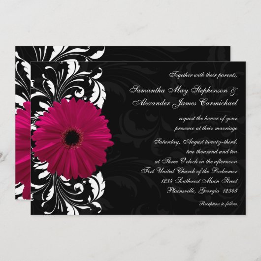 Fuchsia Scroll Gerbera Daisy w/Black and White Einladung (Vorne/Hinten)