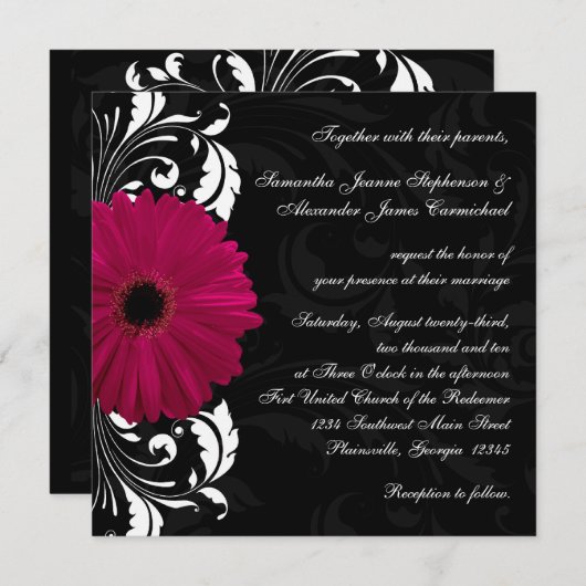 Fuchsia Scroll Gerbera Daisy w/Black and White Einladung (Vorne/Hinten)