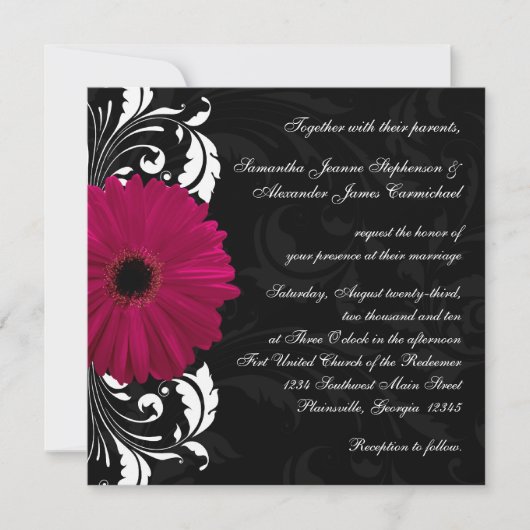 Fuchsia Scroll Gerbera Daisy w/Black and White Einladung (Vorderseite)