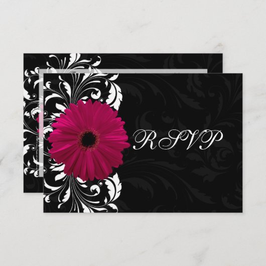 Fuchsia Scroll Gerbera Daisy w/Black and White RSVP Karte (Vorne/Hinten)