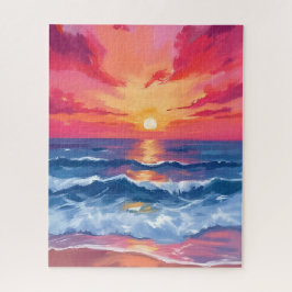Fuchsia Shore Sunset | Ocean Waves Watercolor Puzzle