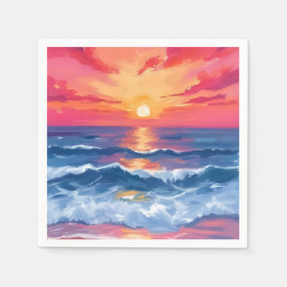 Fuchsia Shore Sunset | Ocean Waves Watercolor Serviette